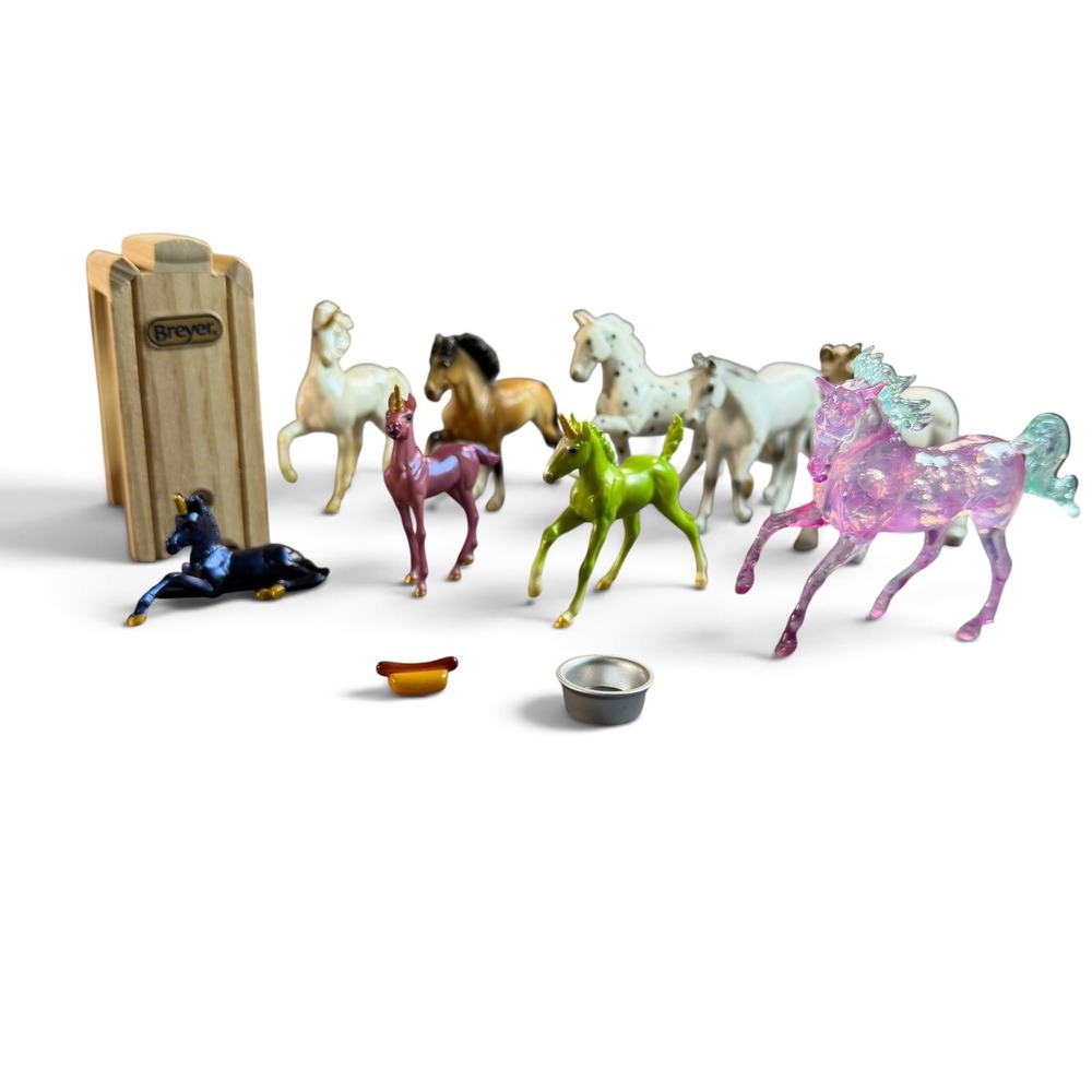 Breyer Stablemates Horse and Unicorn Figure Lot with Wooden Wash Stall Accessory